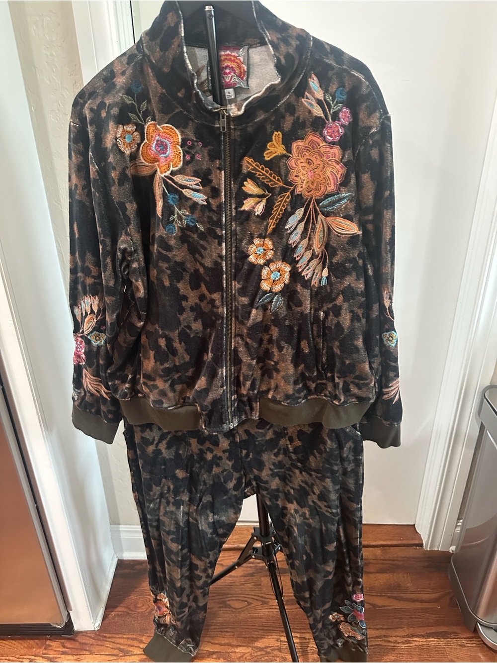 Johnny Was Brown Leopard Velvet Embroidered track suit.